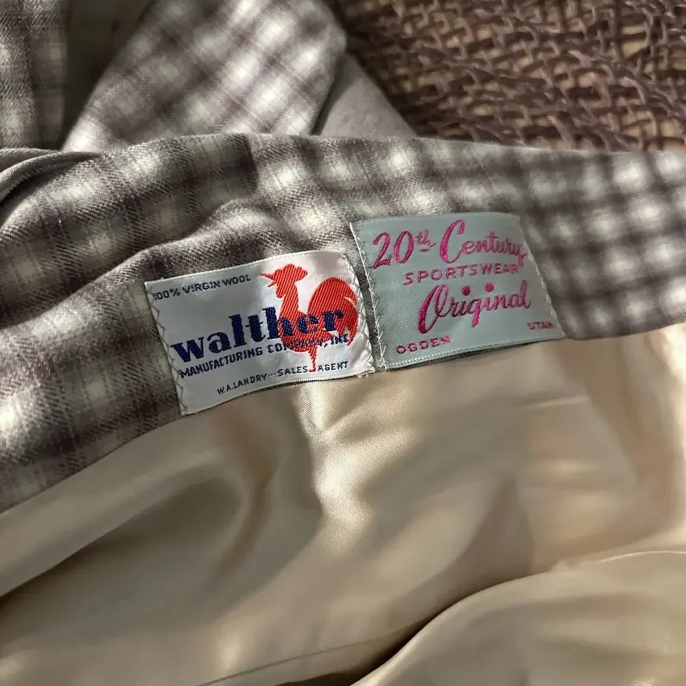 Walther Women's M Blazer Taupe Wool Gingham Collar Retro Button Front Vintage